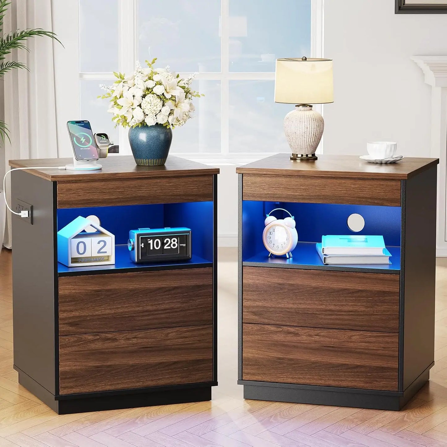 Two Nightstand Set With Hidden Compartments LED USB Type C