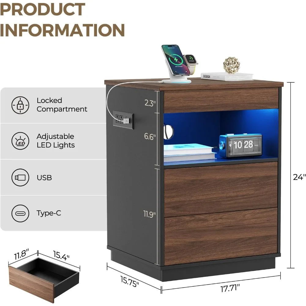 Chengwei Modern Nightstand With LED USB Charging Station Locking Drawer