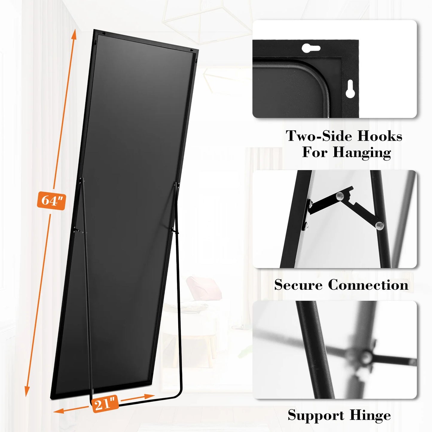 JHK Premium UltraDurableAntiCorrosionCoating Floor Standing Wall Mirror With Aluminum Frame