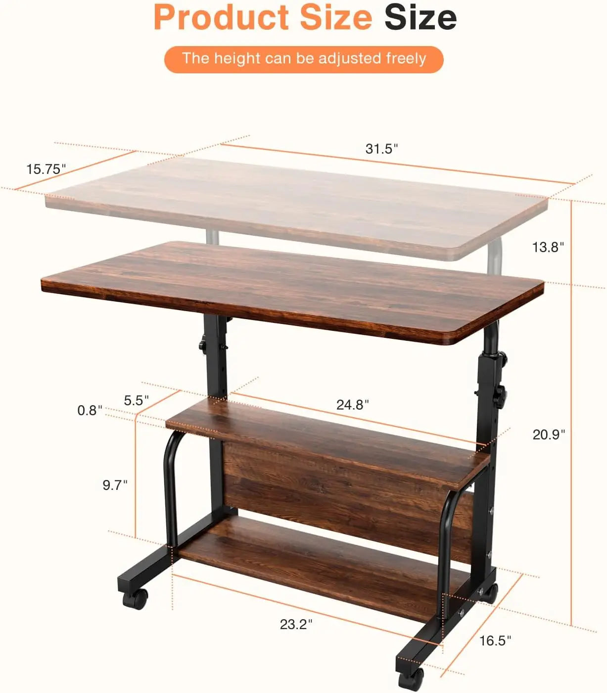 Adjustable Height Rolling Desk With Storage Shelves For Small Spaces
