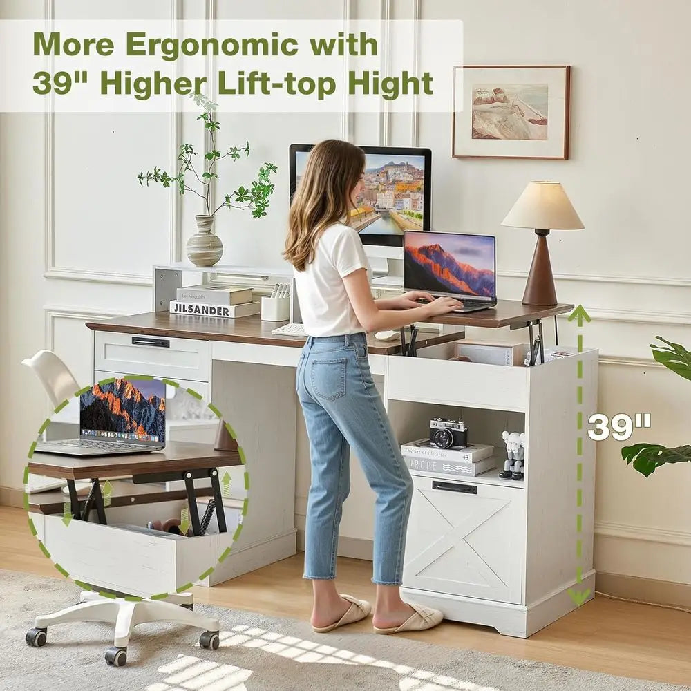 CHENGWEI Farmhouse Executive Desk With Lift Top And Charging Station