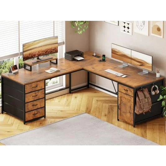 L Shaped Desk With 5 Drawer Power Outlet And Monitor