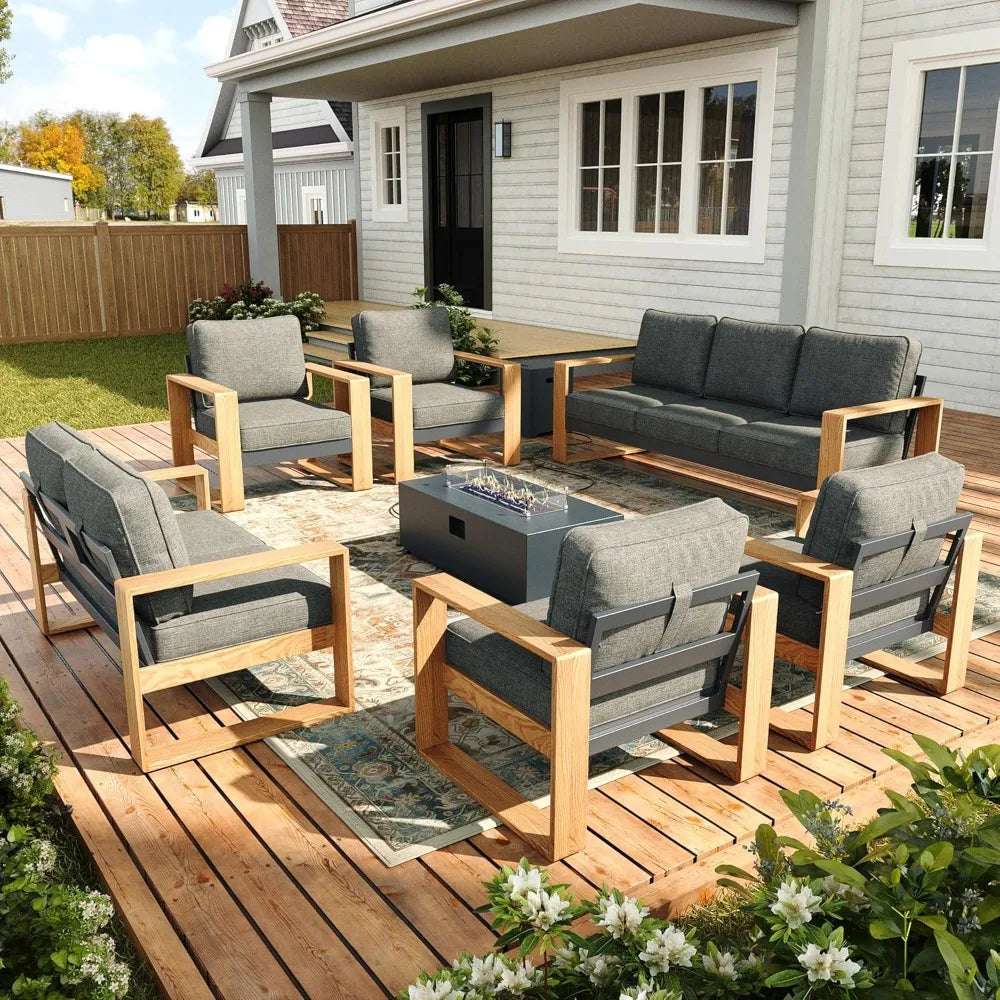 Outdoor Patio Seven Piece Modern Sectional Set With Fire Pit