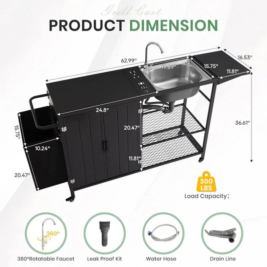 Tongyue Outdoor Grill Table With Stainless Steel Sink Barbecue Cart