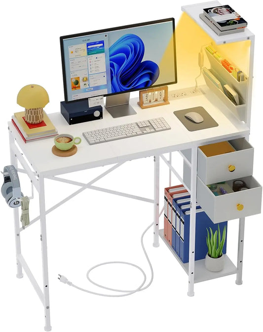 Compact Desk With LED Lighting Power Outlets And Storage