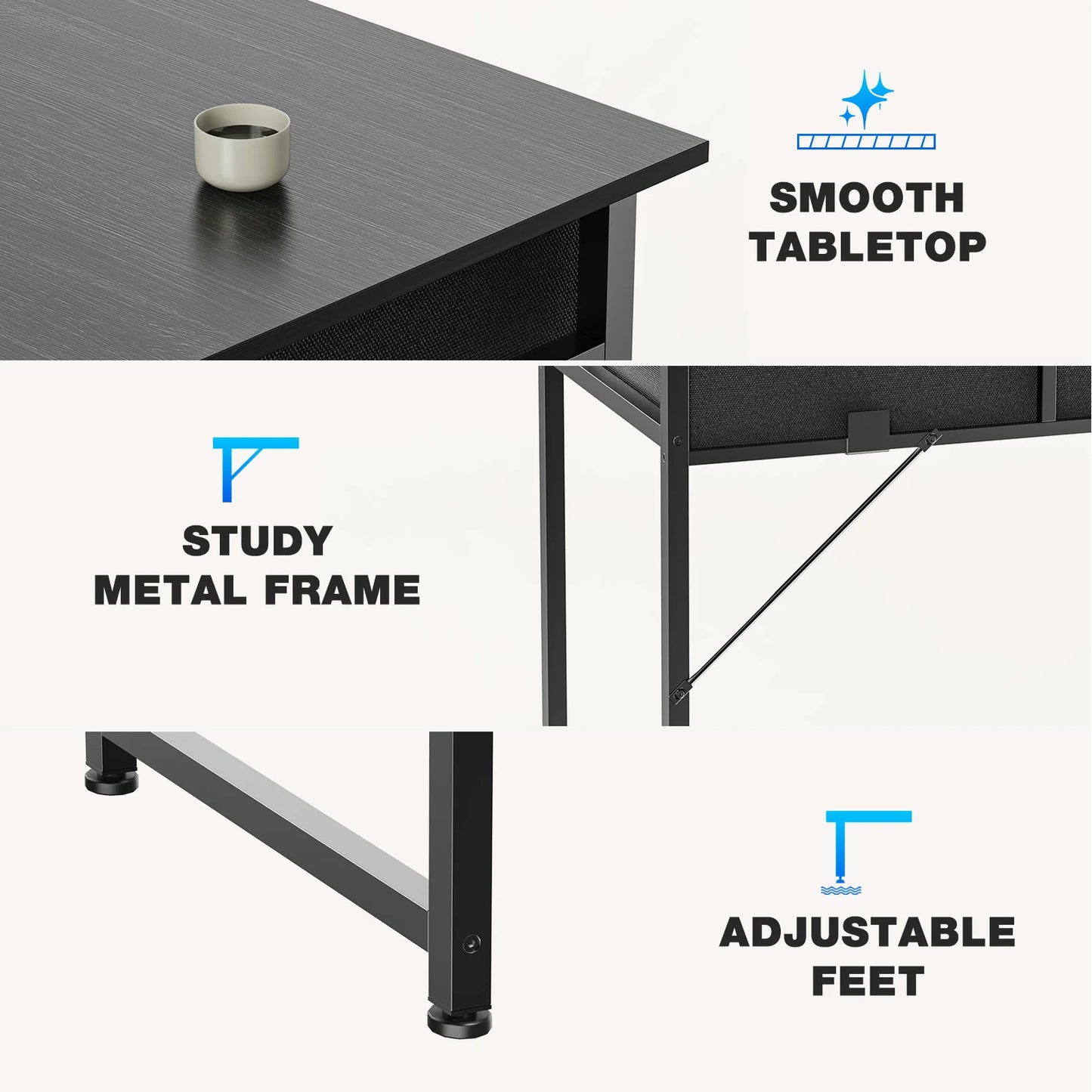 JHK Office Desk With Fabric Storage Drawers And Metal Frame