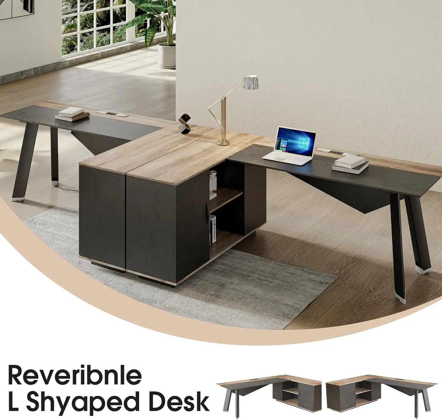 L Shaped Executive Desk With File Cabinet And Shelves Office