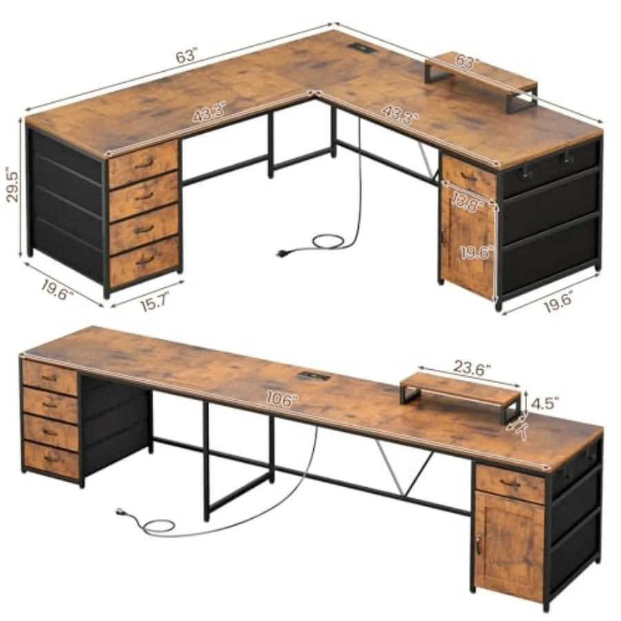 L Shaped Desk With 5 Drawer Power Outlet And Monitor