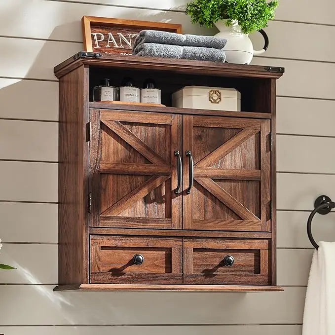 ZHUOTING Farmhouse Bathroom Wall Cabinet With Drawer Double Barn Doors