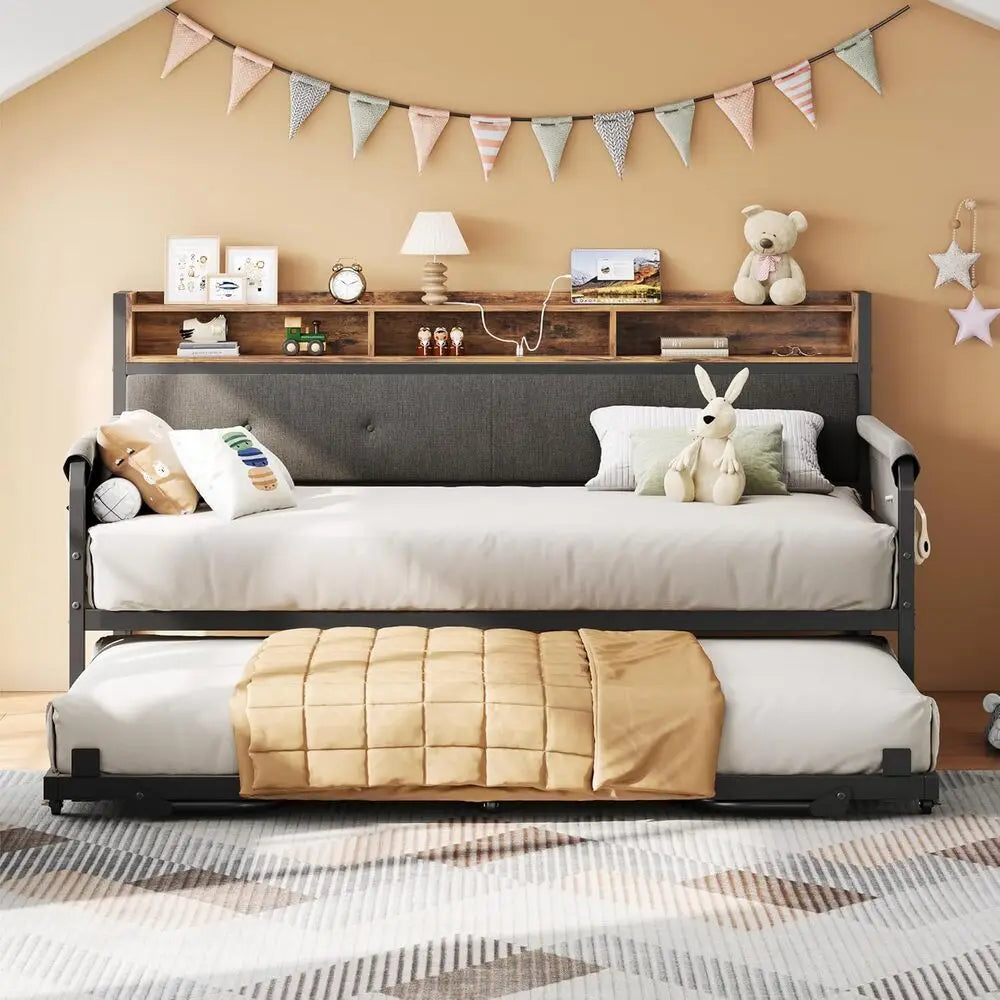 LIKIMIO Daybed With Trundle MetalFrame UpholsteredHeadboard And IntegratedChargingStation