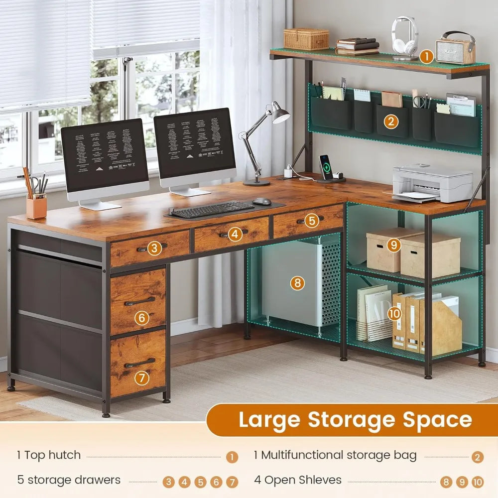 L Shaped Desk With FiveFabricDrawers And Hutch FreestandingPowderCoatedMetalFrame Storage