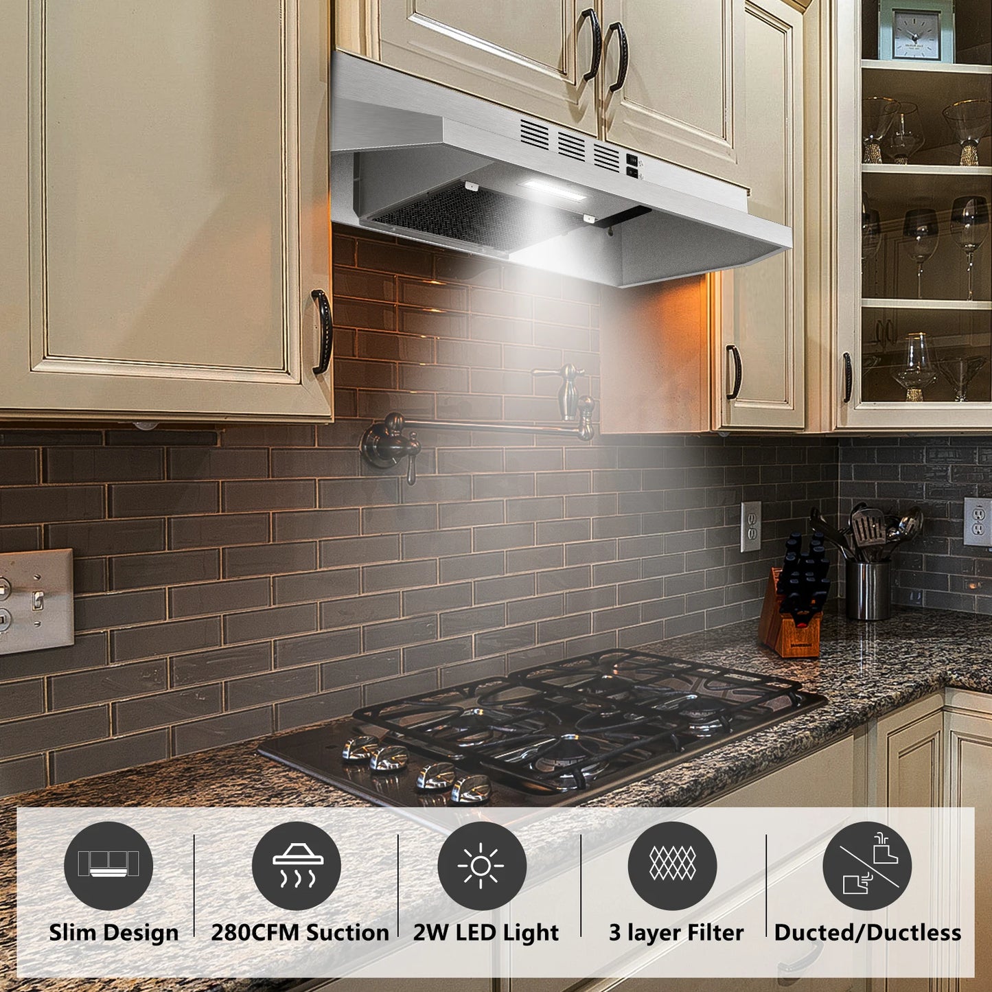 Tieasy Under Cabinet Range Hood 280 CFM Convertible Ducted Ductless