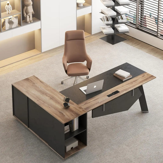 L Shaped Executive Desk With File Cabinet And Shelves Office