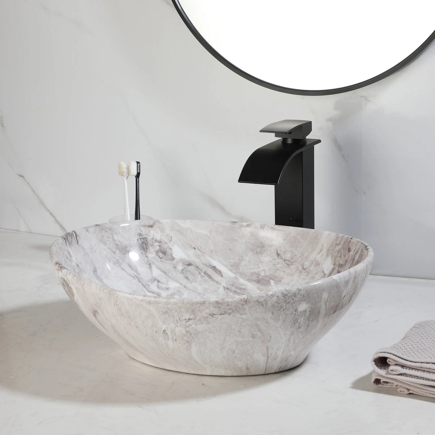 MEKKHALA Oval Vessel Sink With Faucet Ceramic Bathroom