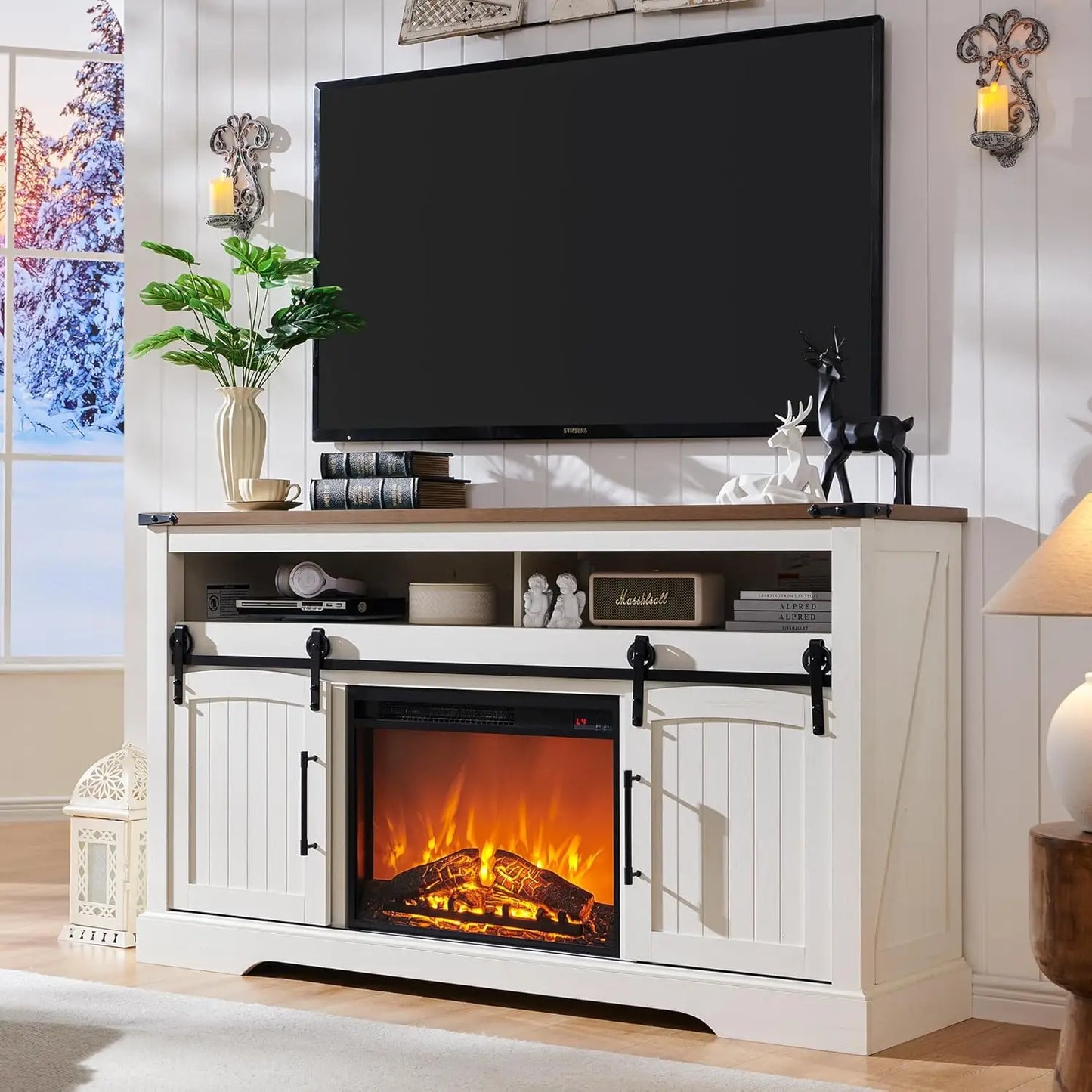 HUANZHUANG Farmhouse Fireplace TV Stand With Electric Fireplace