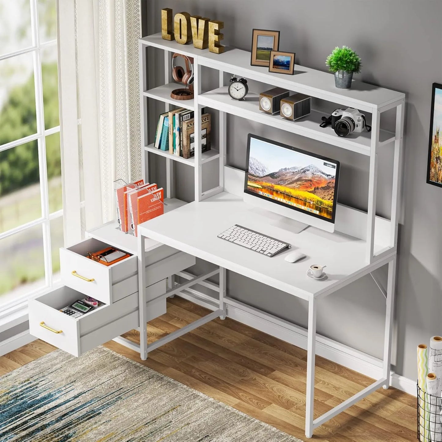 Little Tree Computer Desk With Drawers And Storage Shelves Office