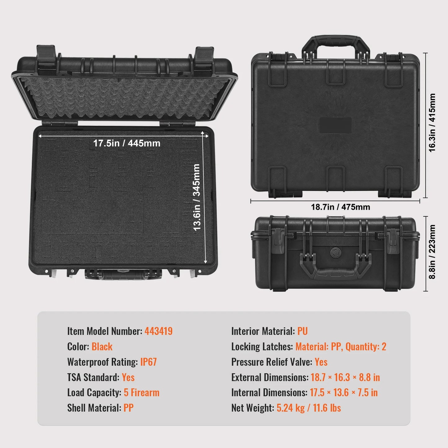 SucceBuy Hard Pistol Case With Pre Cut Foam Lining IP67 Waterproof Dustproof