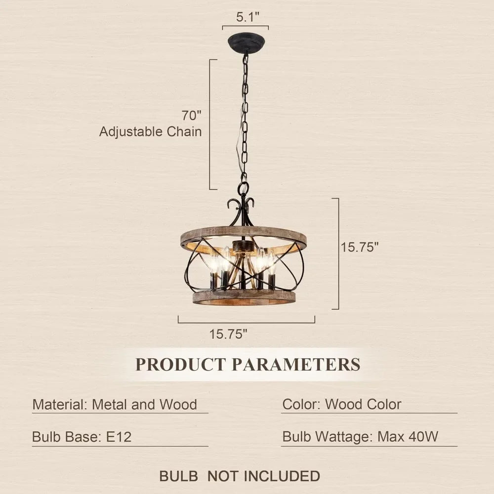 Customizable 5 Light Farmhouse Wood Chandelier Fixture