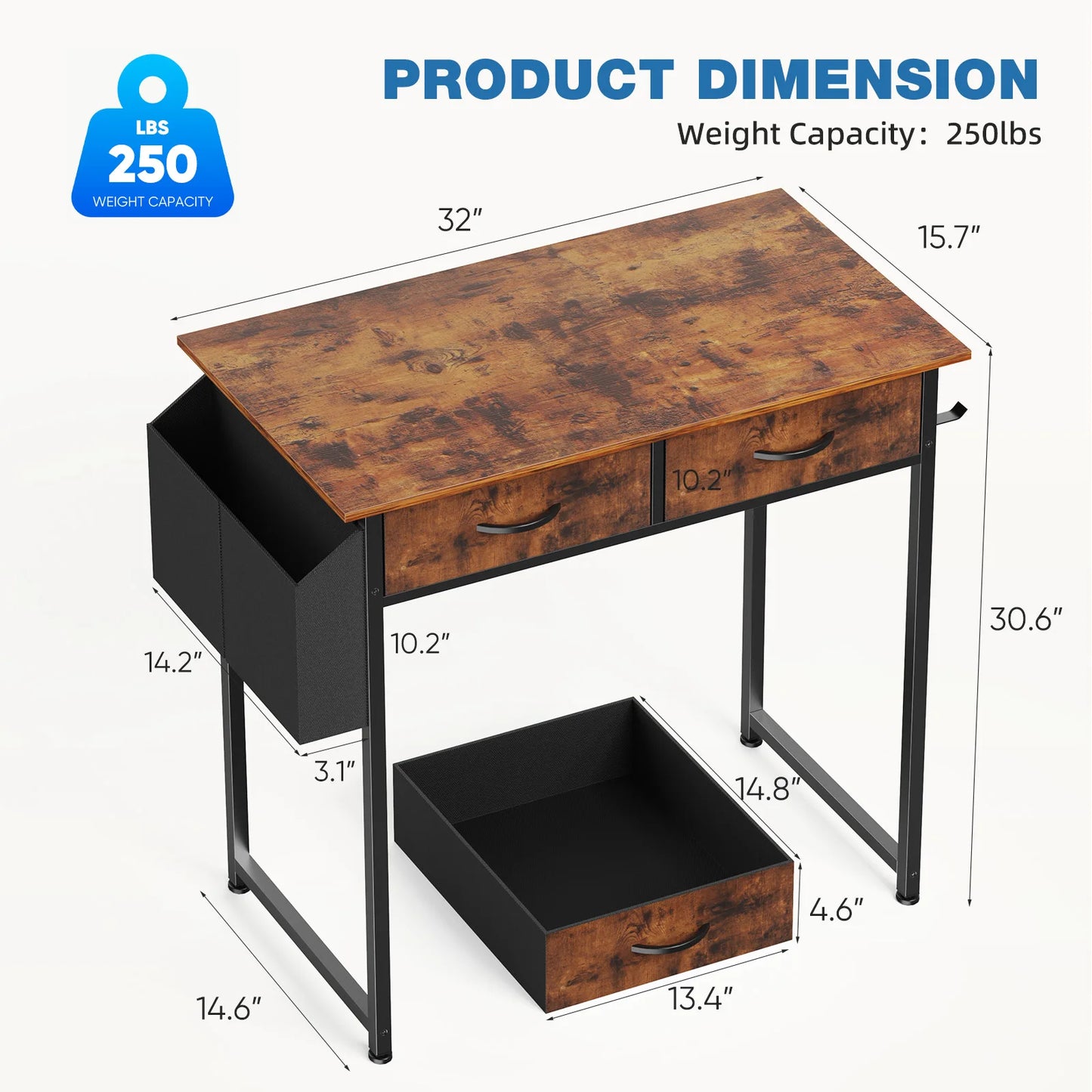 JHK Office Desk With Fabric Storage Drawers And Metal Frame