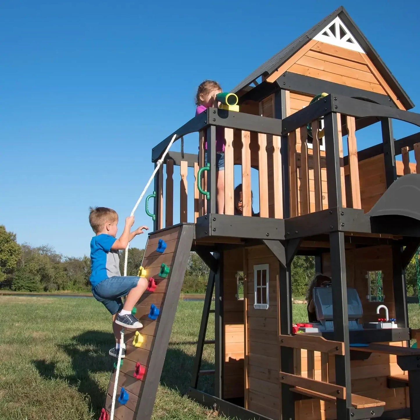 Cedar Wood Swing Set With Wave Slide Clubhouse Backyard Playset
