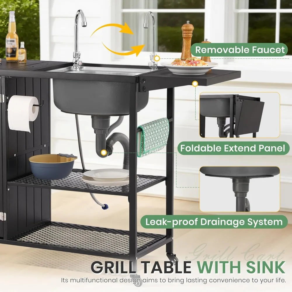 Tongyue Outdoor Grill Table With Stainless Steel Sink Barbecue Cart