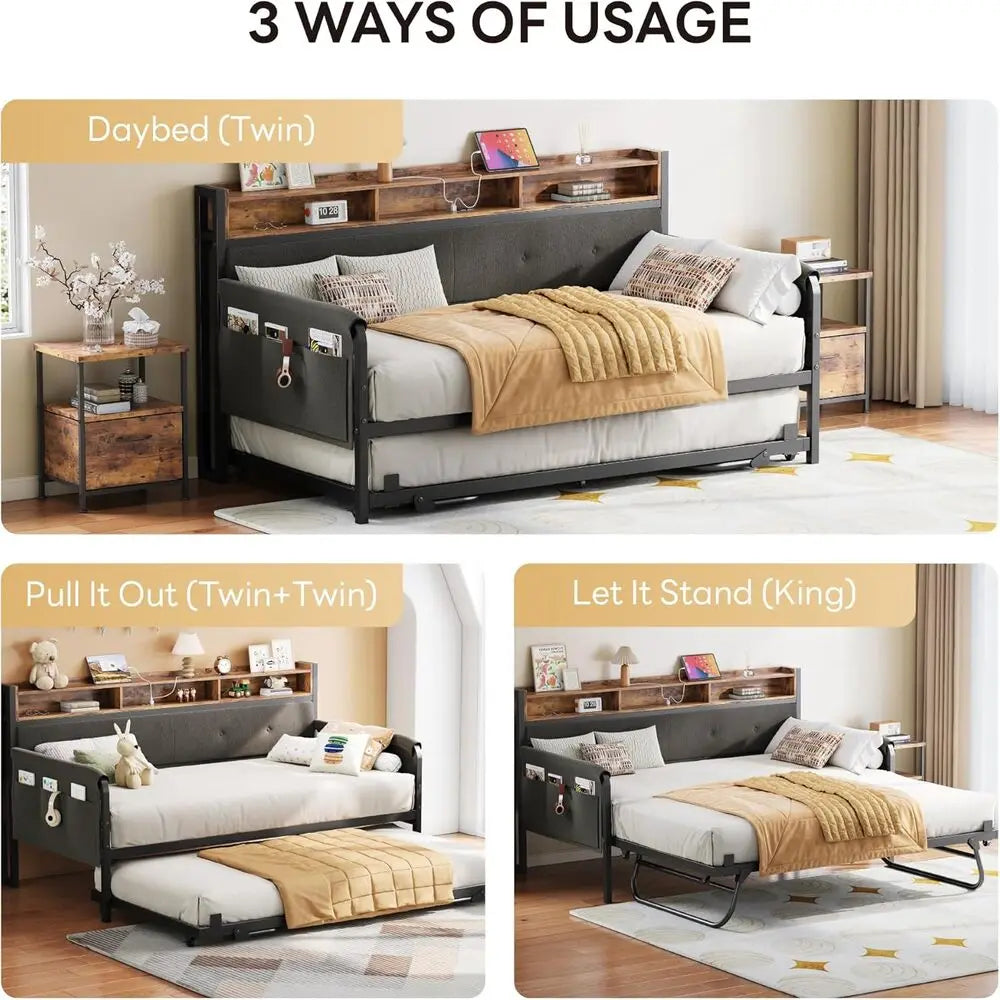 LIKIMIO Daybed With Trundle MetalFrame UpholsteredHeadboard And IntegratedChargingStation