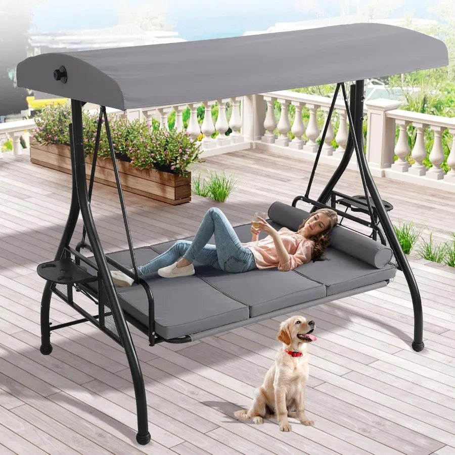 Three Person Outdoor Porch Swing With Canopy And Cup Holder