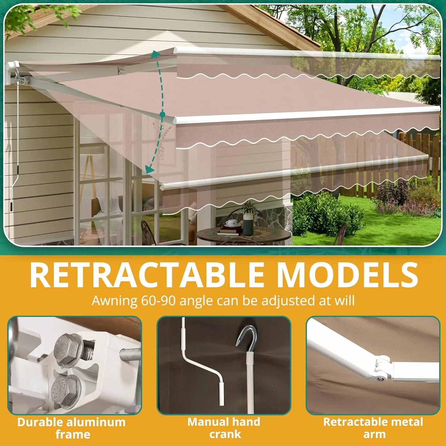 XMSJ Retractable Awning Sun Shade Shelter For Outdoor Patio