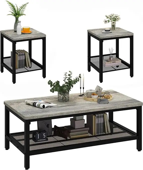 Industrial Coffee Table Set Of 3 With Metal Frame And End Side Tables