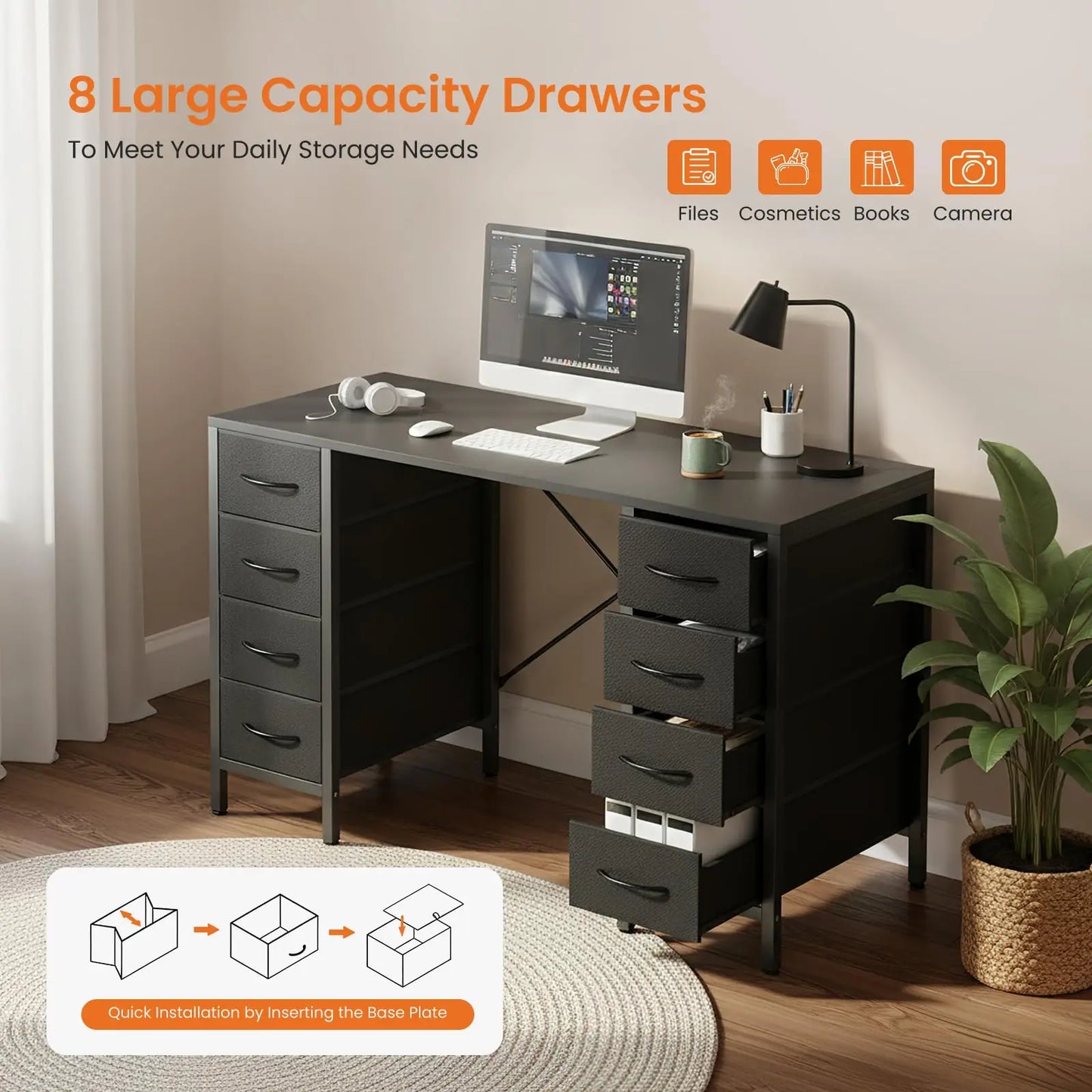 JHK Computer Desk With Fabric Drawers And X Shaped Support