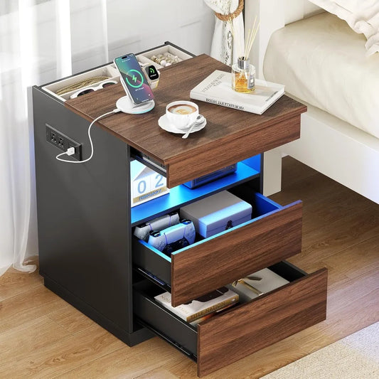 Chengwei Modern Nightstand With LED USB Charging Station Locking Drawer