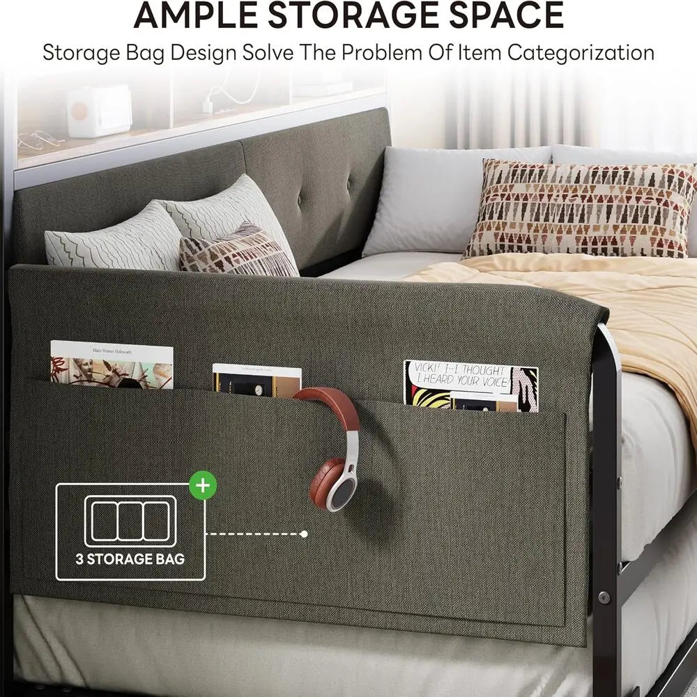 LIKIMIO Daybed With Trundle MetalFrame UpholsteredHeadboard And IntegratedChargingStation