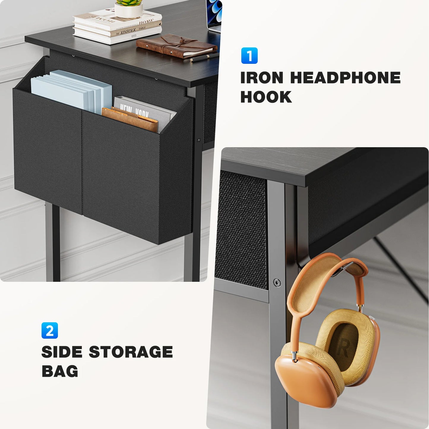 JHK Office Desk With Fabric Storage Drawers And Metal Frame