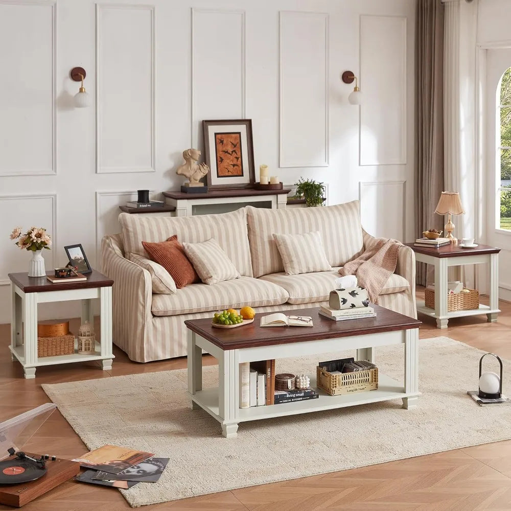 Farmhouse Coffee Table Set With Open Shelf And End Tables