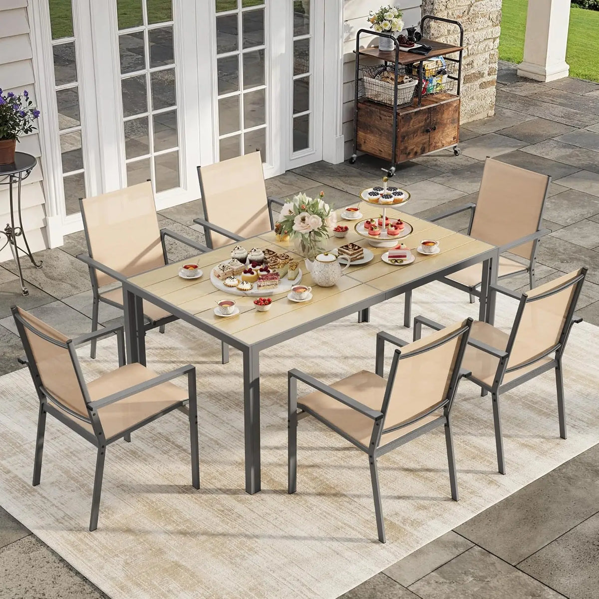 Patio Dining Set For 6 With Table And Textilene Chairs