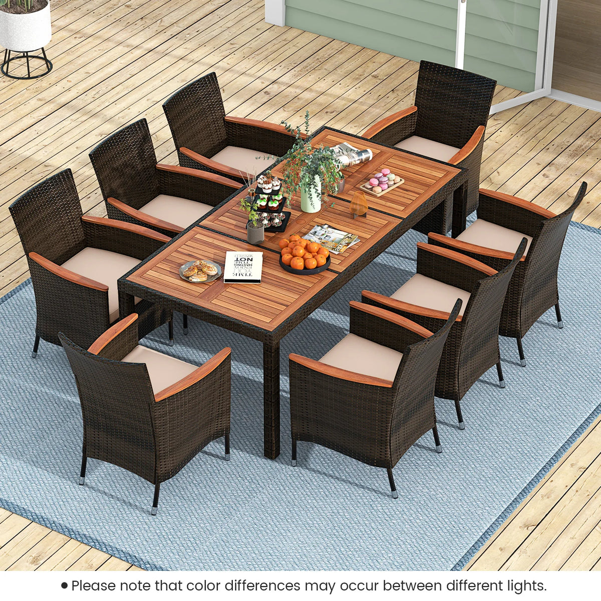 HOMASIS Outdoor Patio Wicker Dining Set With Acacia Wood Table
