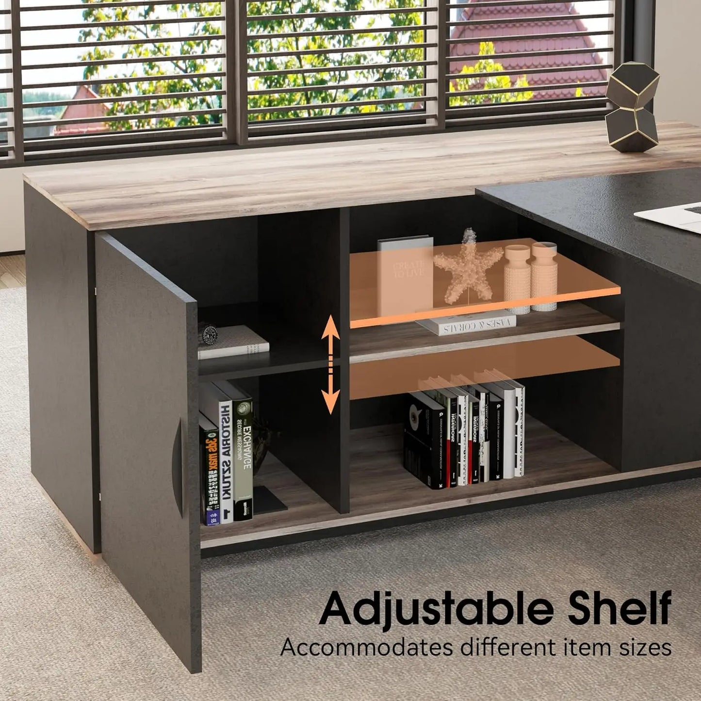 L Shaped Executive Desk With File Cabinet And Shelves Office