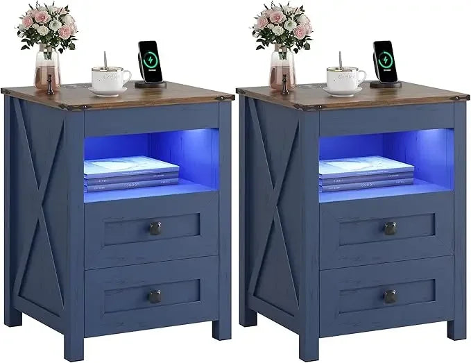 Farmhouse Nightstands Two Piece Set With Gun Drawer And LED Light