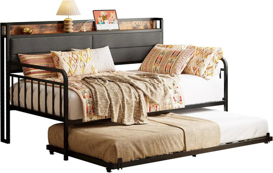 Daybed With Trundle Sturdy Metal Frame Upholstered Headboard Charging Station