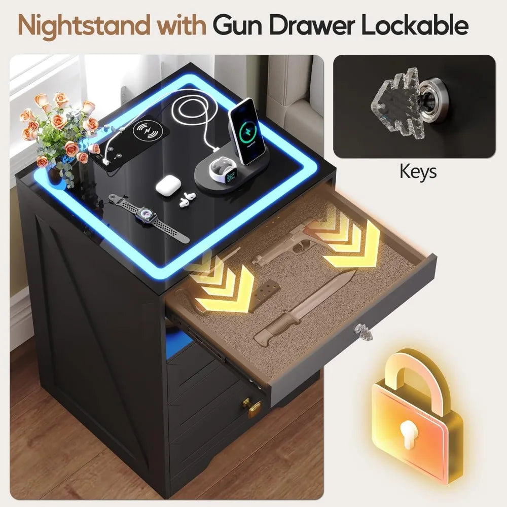Smart Nightstand With Lockable Safe Drawer And Charging Station