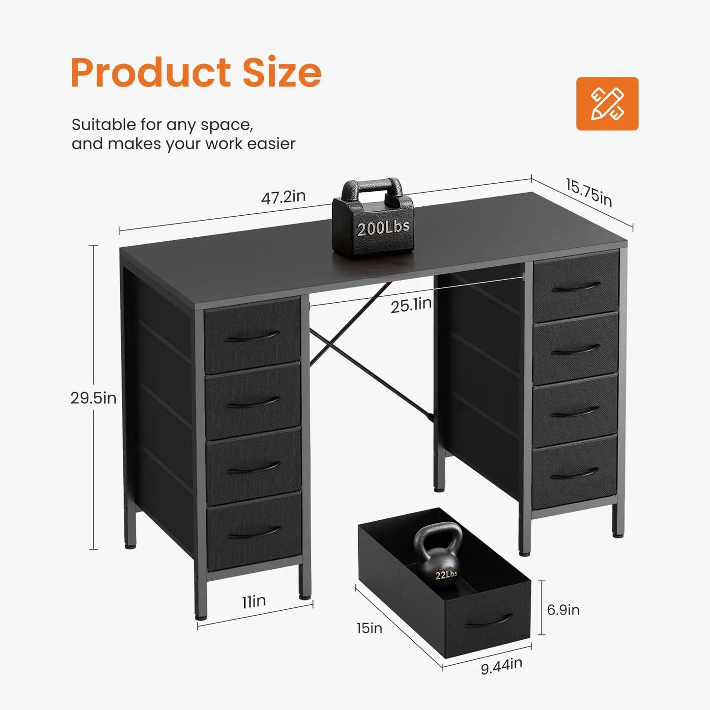 JHK Computer Desk With Fabric Drawers And X Shaped Support