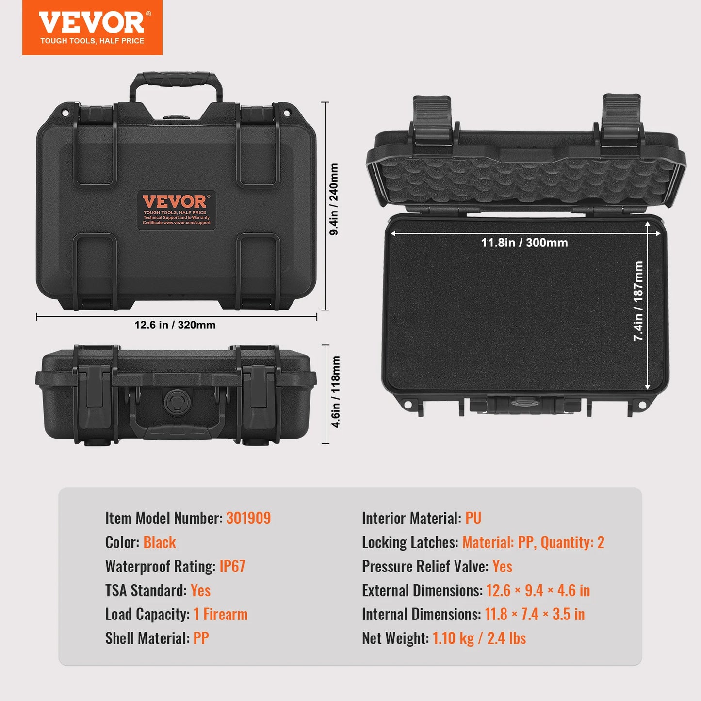 SucceBuy Waterproof Hard Pistol Case With Foam Lining Lockable