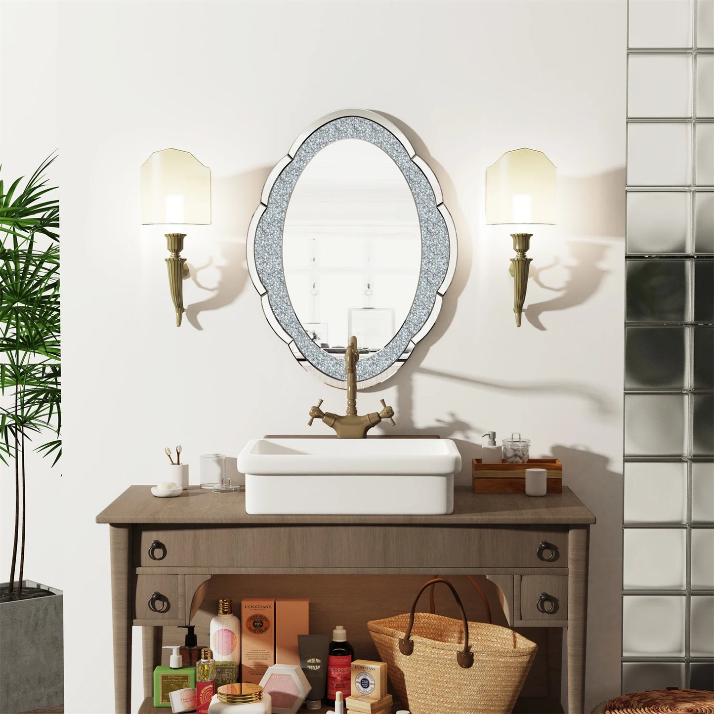 Diamond Crystal Wall Mirror Oval Glass Decor For Living Room