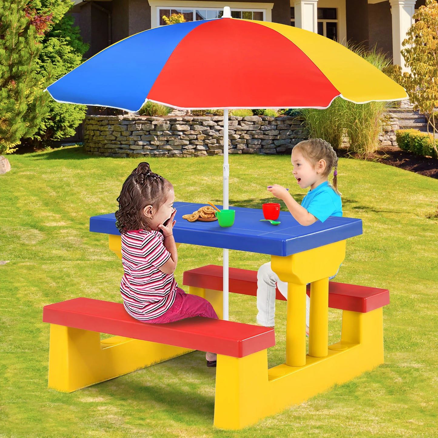 Homasis Kids Picnic Table Set With Removable Umbrella