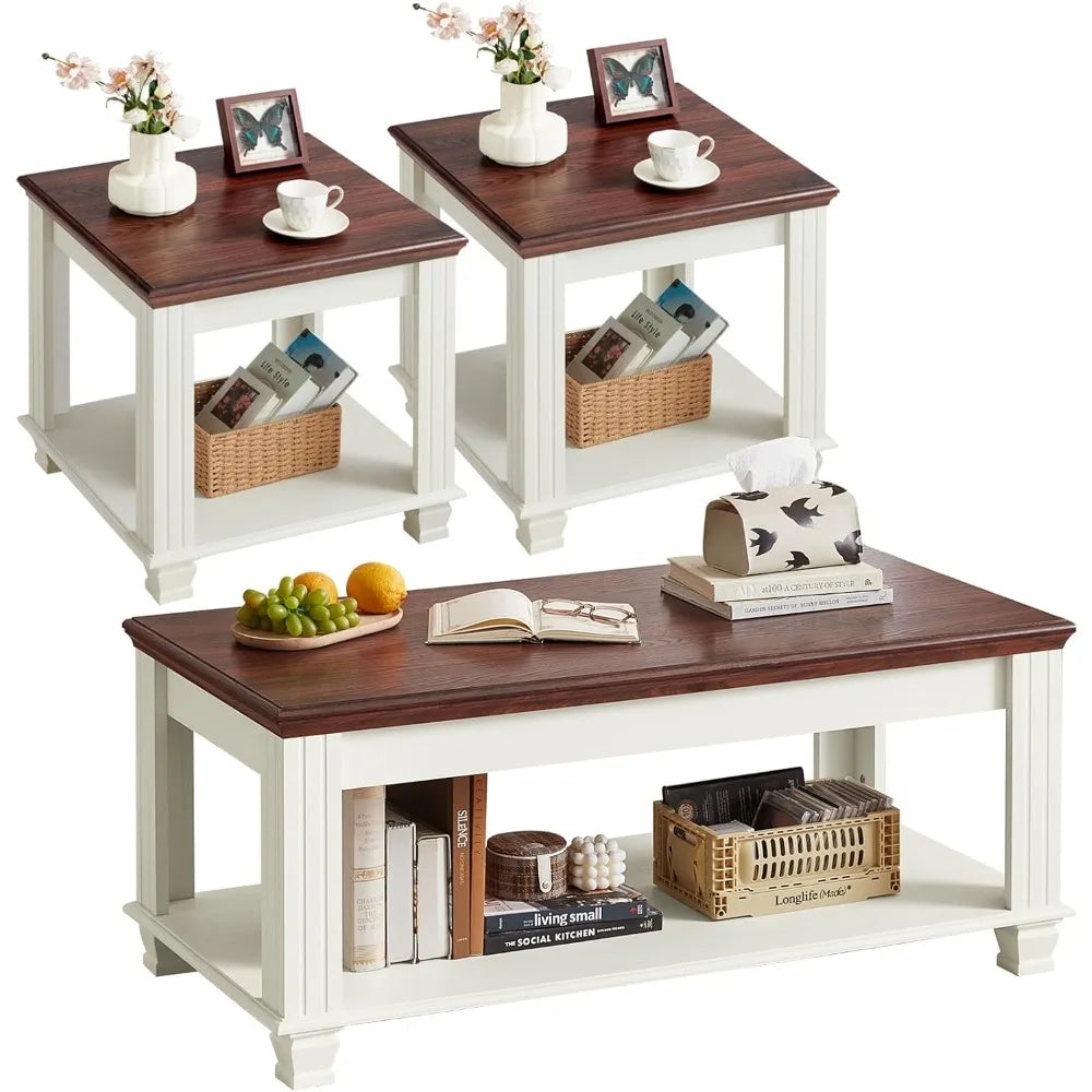 Farmhouse Coffee Table Set With Open Shelf And End Tables