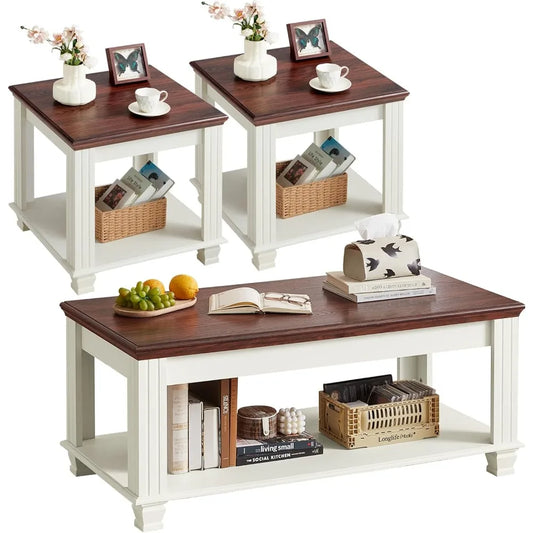 Farmhouse Coffee Table Set With Open Shelf And End Tables