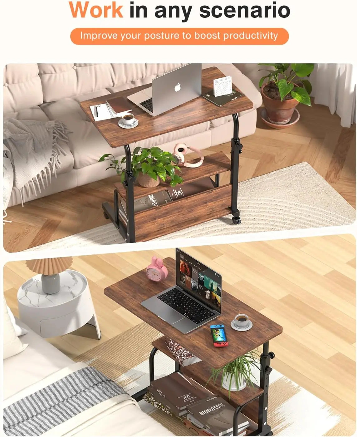 Adjustable Height Rolling Desk With Storage Shelves For Small Spaces