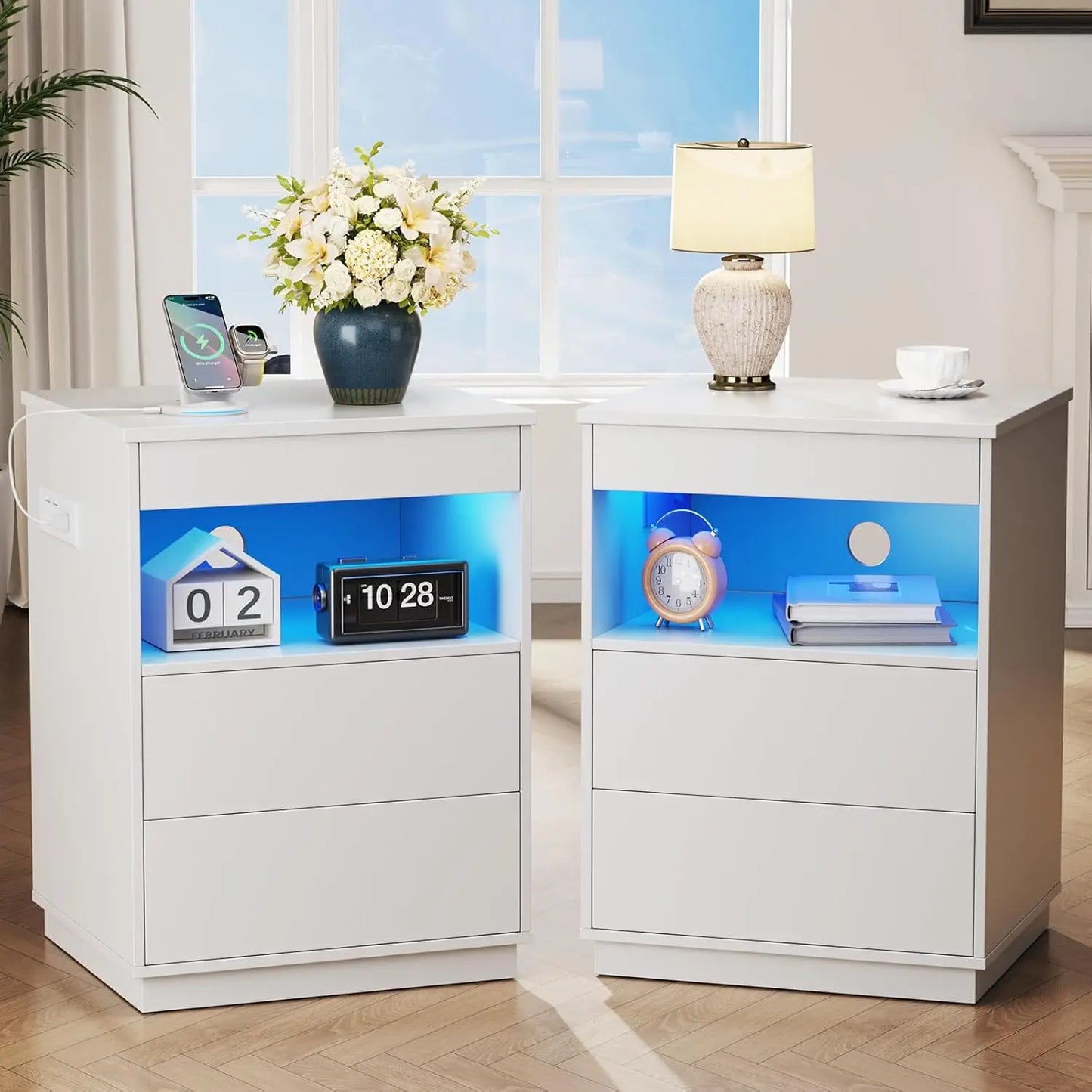 Two Nightstand Set With Hidden Compartments LED USB Type C